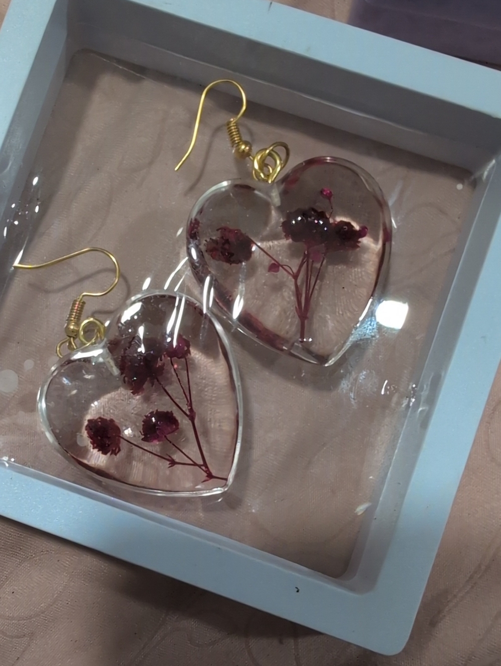 Handmade Heart Resin Earrings with Pink Dried Flowers